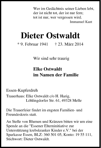 Traueranzeige von Dieter Ostwaldt von Tageszeitung