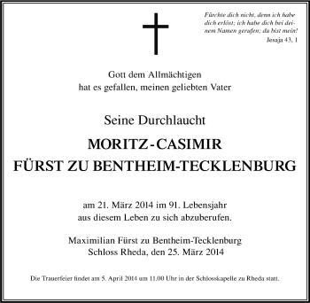 Traueranzeige von Moritz-Casimir Fürst zu Bentheim-Tecklenburg von Tageszeitung