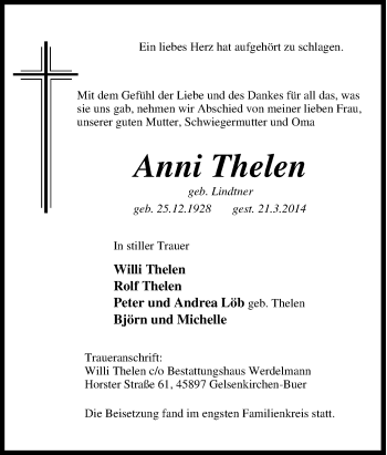 Traueranzeige von Anni Thelen von Tageszeitung