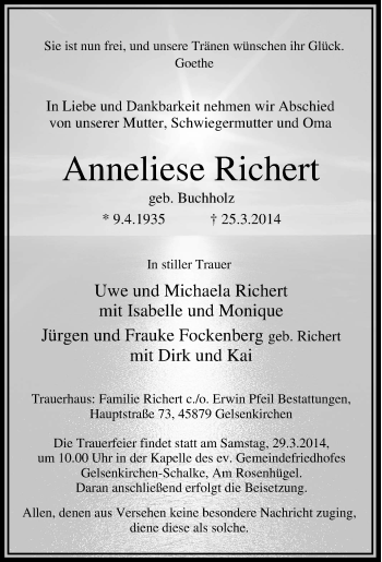 Traueranzeige von Anneliese Riehen von Tageszeitung