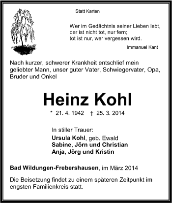 Traueranzeige von Heinz Kohl von Tageszeitung