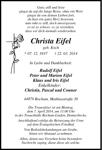 Traueranzeige von Christa Eifel von Tageszeitung