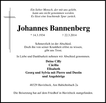 Traueranzeige von Johannes Bannenberg von Tageszeitung