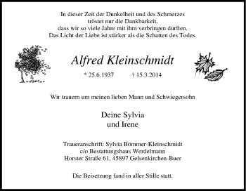Traueranzeige von Alfred Kleinschmidt von Tageszeitung