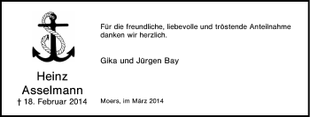 Traueranzeige von Heinz Asselmann von Tageszeitung