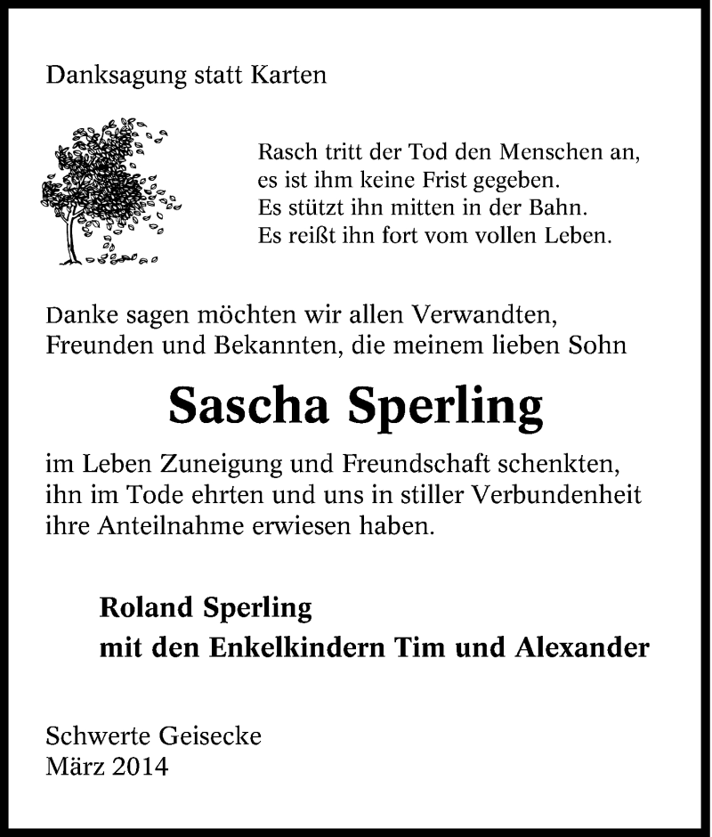  Traueranzeige für Sascha Sperling vom 29.03.2014 aus Tageszeitung