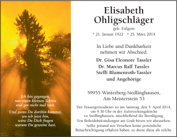Traueranzeige von Elisabeth Ohligschläger von Tageszeitung
