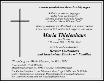 Traueranzeige von Maria Thielenhaus von Tageszeitung