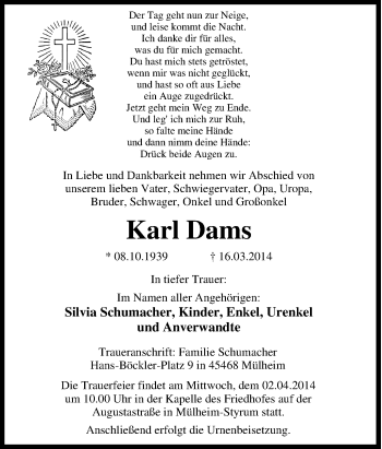 Traueranzeige von Karl Dams von Tageszeitung