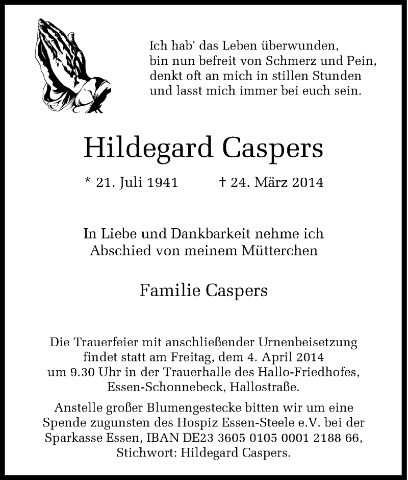  Traueranzeige für Hildegard Caspers vom 29.03.2014 aus Tageszeitung