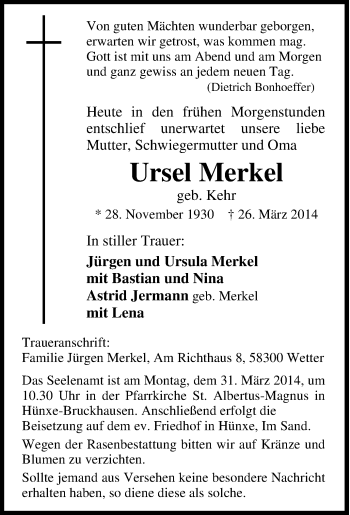 Traueranzeige von Ursel Merkel von Tageszeitung