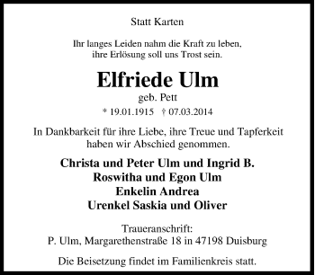 Traueranzeige von Elfriede Ulm von Tageszeitung