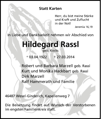 Traueranzeige von Hildegard Rassl von Tageszeitung
