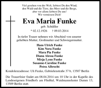 Traueranzeige von Eva Maria Funke von Tageszeitung