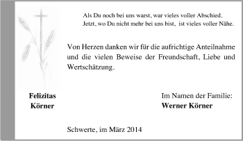 Traueranzeige von Felizitas Körner von Tageszeitung