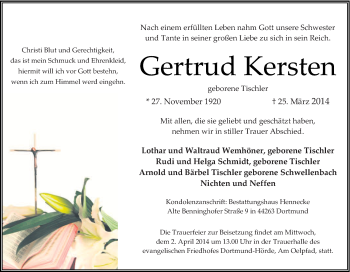 Traueranzeige von Gertrud Kersten von Tageszeitung