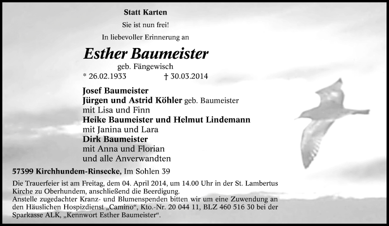  Traueranzeige für Esther Baumeister vom 31.03.2014 aus Tageszeitung
