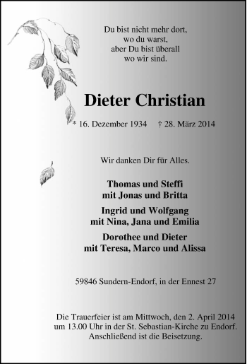 Traueranzeige von Dieter Christian von Tageszeitung