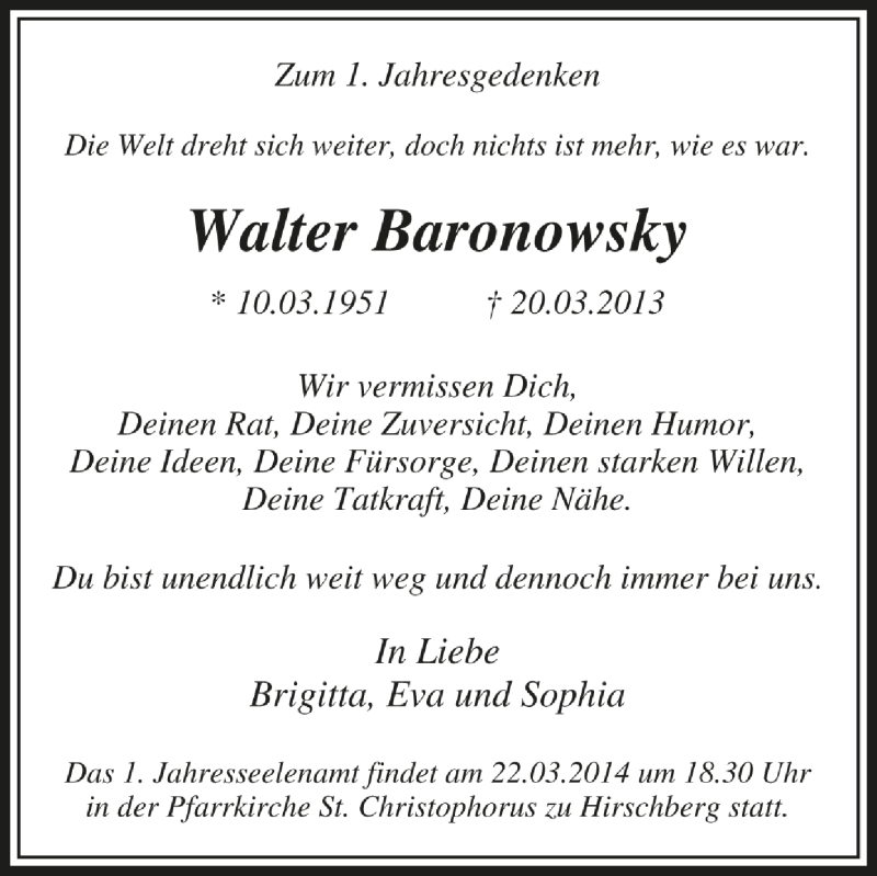  Traueranzeige für Walter Baronowsky vom 15.03.2014 aus Tageszeitung