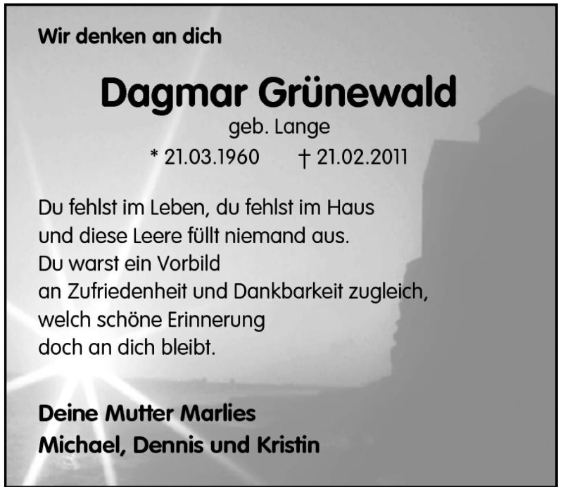  Traueranzeige für Dagmar Grünewald vom 21.03.2014 aus Tageszeitung