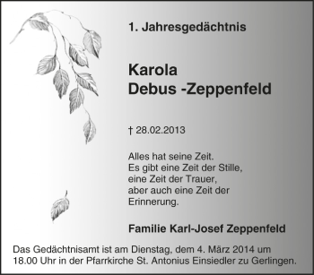 Traueranzeige von Karola Debus-Zeppenfeld von Tageszeitung