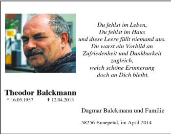 Traueranzeige von Theodor Balckmann von Tageszeitung