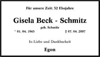 Traueranzeige von Gisela Beck-Schmitz von Tageszeitung