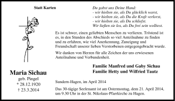Traueranzeige von Maria Sichau von Tageszeitung