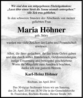 Traueranzeige von Maria Höhner von Tageszeitung