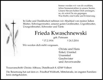 Traueranzeige von Frieda Kwaschnewski von Tageszeitung