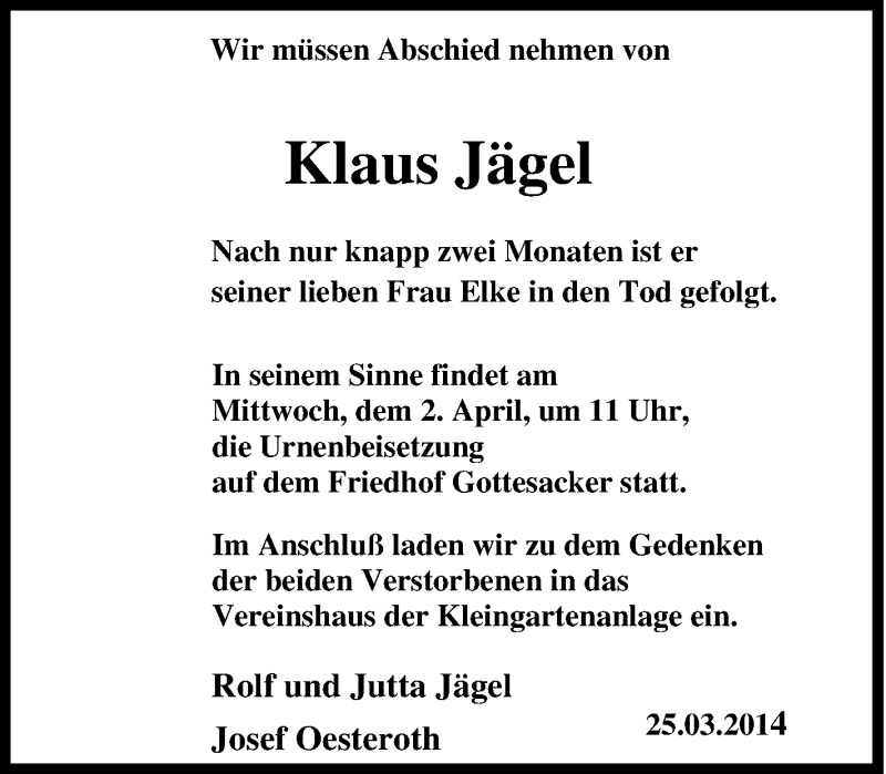  Traueranzeige für Klaus Jägel vom 01.04.2014 aus Tageszeitung