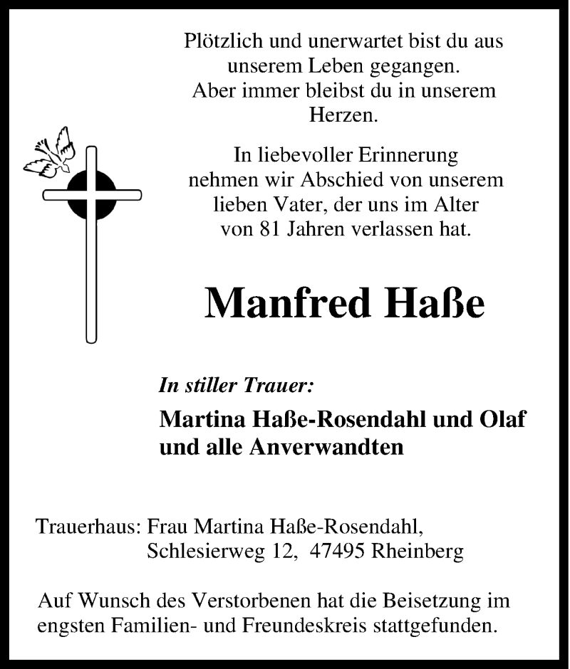  Traueranzeige für Manfred Haße vom 05.04.2014 aus Tageszeitung