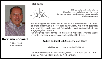 Traueranzeige von Hermann Koßmehl von Tageszeitung