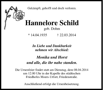 Traueranzeige von Hannelore Schild von Tageszeitung