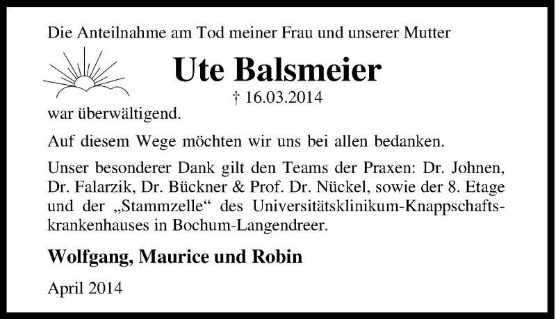  Traueranzeige für Ute Balsmeier vom 05.04.2014 aus Tageszeitung