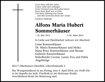 Traueranzeige von Alfons Maria Hubert Sommerhäuser von Tageszeitung