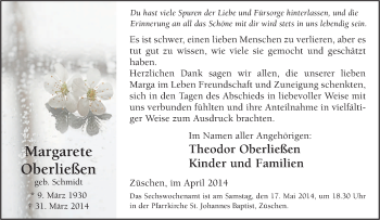 Traueranzeige von Margarete Oberließen von Tageszeitung