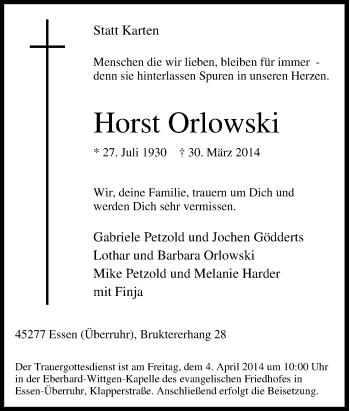 Traueranzeige von Horst Orlowski von Tageszeitung