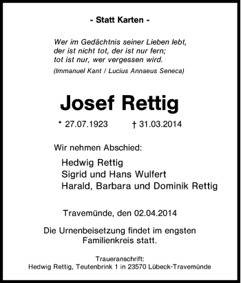 Traueranzeige von Josef Rettig von Tageszeitung