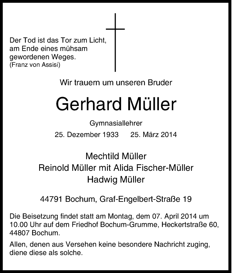  Traueranzeige für Gerhard Müller vom 05.04.2014 aus Tageszeitung
