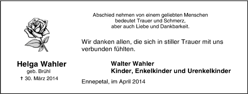  Traueranzeige für Helga Wahler vom 03.04.2014 aus Tageszeitung