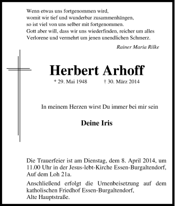 Traueranzeige von Herbert Arhoff von Tageszeitung