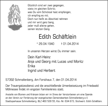 Traueranzeige von Edith Schäftlein von Tageszeitung