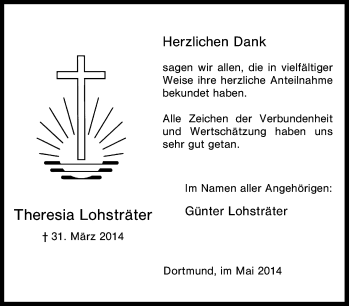 Traueranzeige von Theresia Lohsträter von Tageszeitung