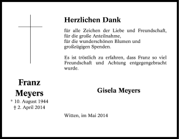Traueranzeigen von Franz Meyers TrauerinNRW.de