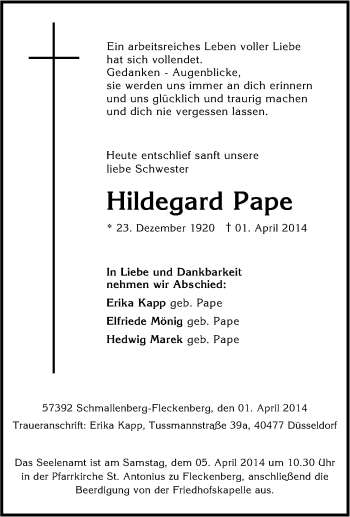 Traueranzeige von Hildegard Pape von Tageszeitung
