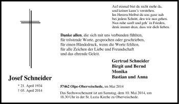 Traueranzeige von Josef Schneider von Tageszeitung