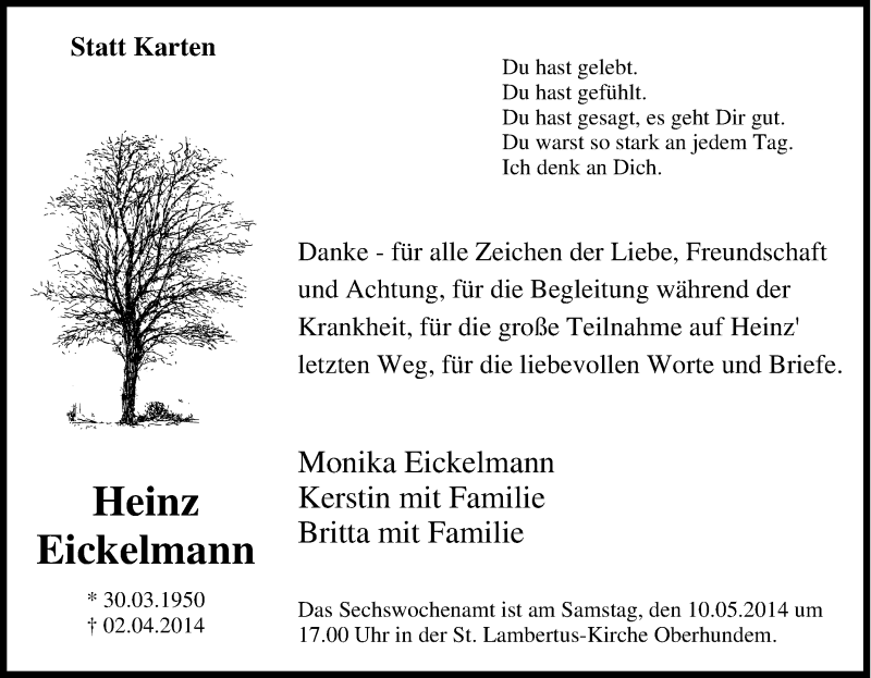  Traueranzeige für Heinz Eickelmann vom 04.04.2014 aus Tageszeitung
