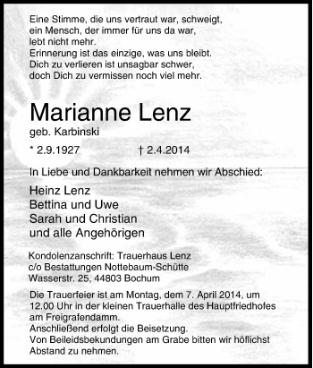Traueranzeige von Marianne Lenz von Tageszeitung