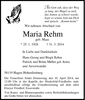Traueranzeige von Maria Rehm von Tageszeitung